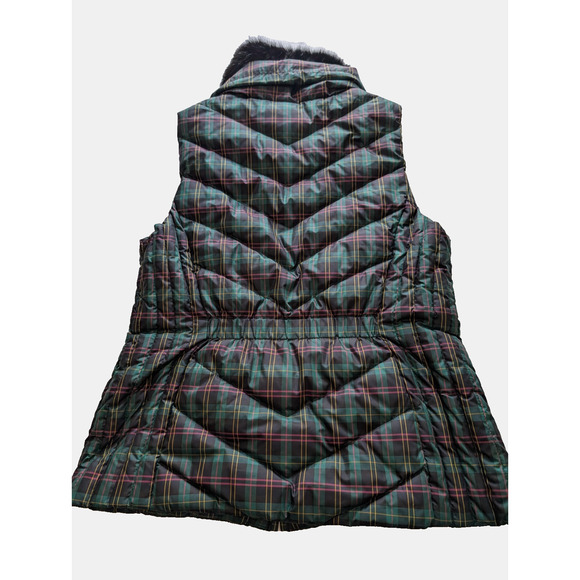 Talbots Plaid Green Pink Puffer Vest Removeable Faux Fur Collar Womens Medium - Picture 2 of 6